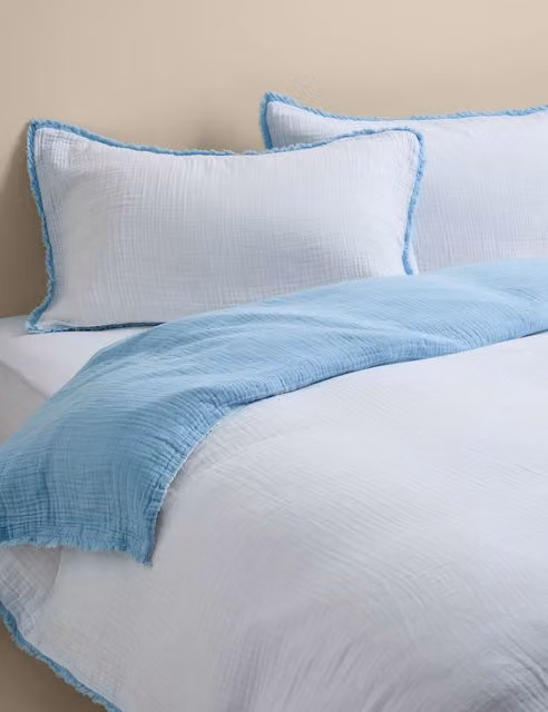 M&S Pure Cotton Muslin Reversible Single Bedding Set in Blue Mix
