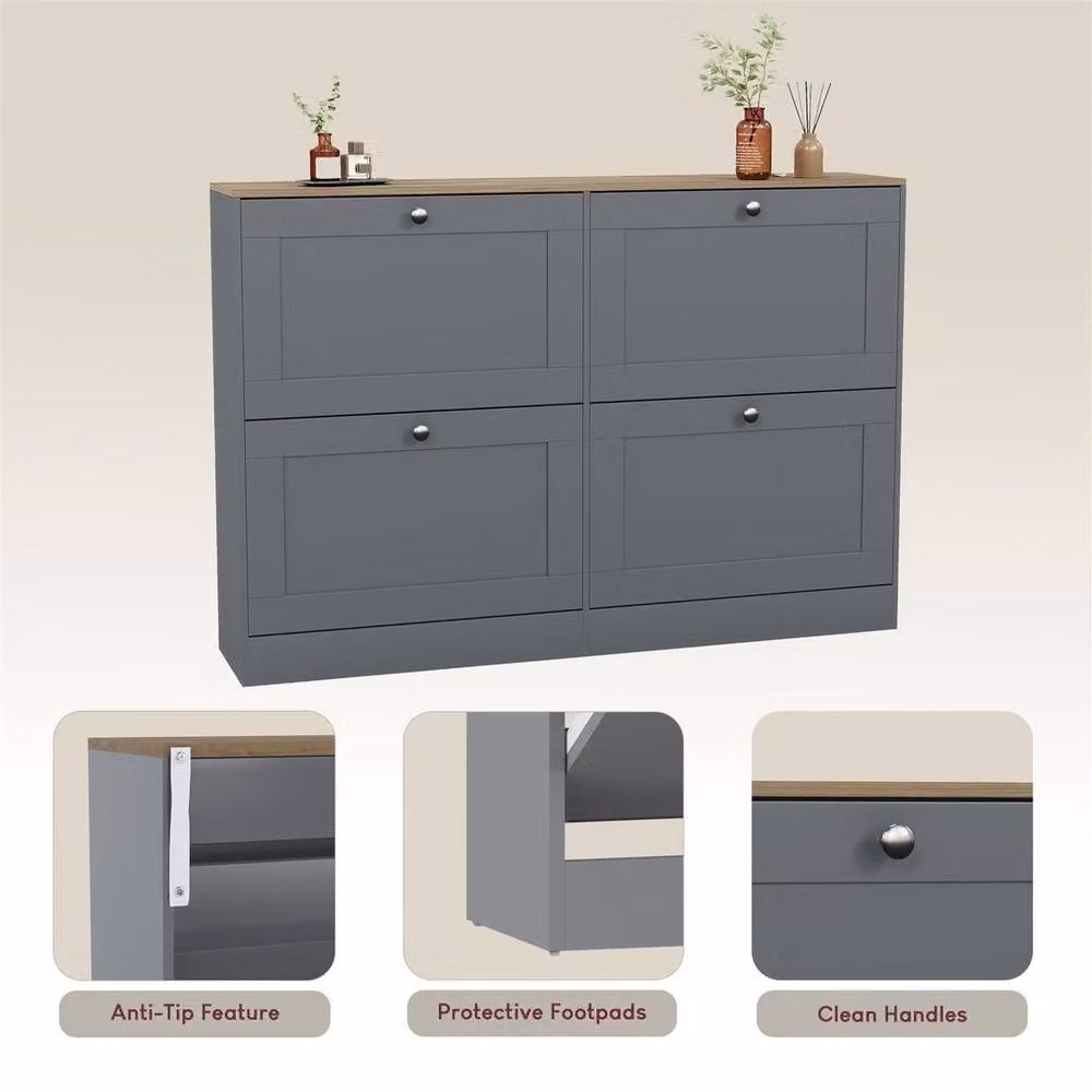 Kelvenix Grey and Oak Modern Shoe Cabinet with Tilting Compartments and Internal Shelves, H 105.0 cm x W 80.0 cm x D 2.0 cm – 3
