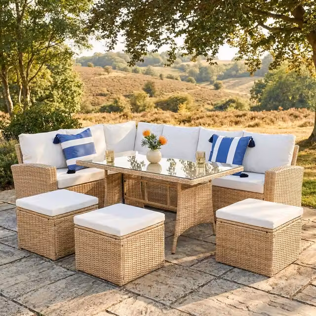 Pelias 8 Seater Corner Outdoor Sofa Dining Set in Natural Rattan with Beige Striped Cushions