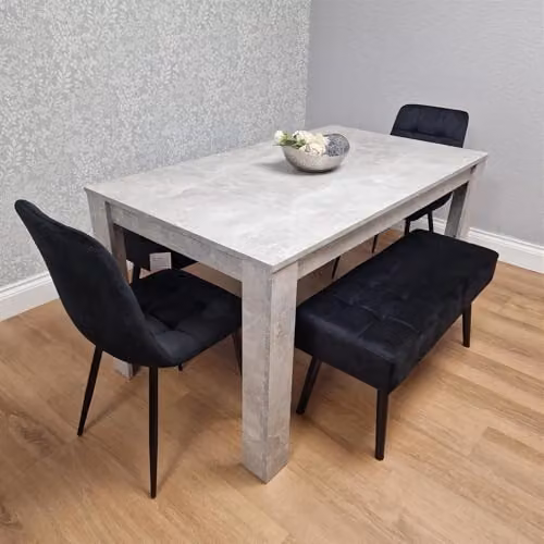 Kosy Koala Modern Rectangular Dining Set with Grey Table, 2 Black Velvet Chairs and 2 Padded Benches