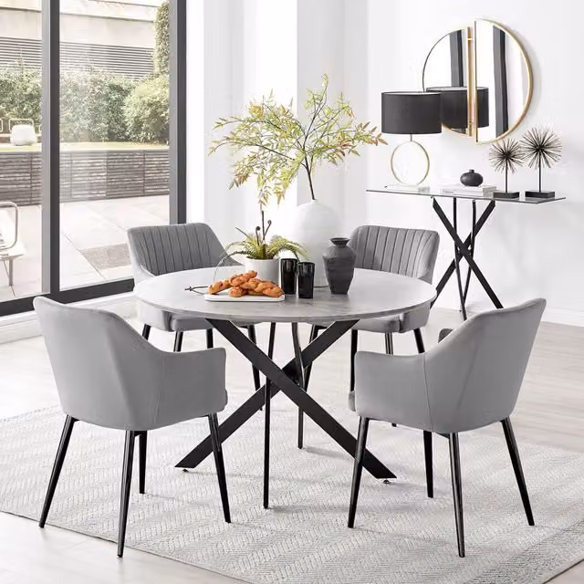 FurnitureboxUK Novara Grey Concrete Effect Round Dining Table and 4 Calla Black Leg Chairs, Diameter: 120 cm