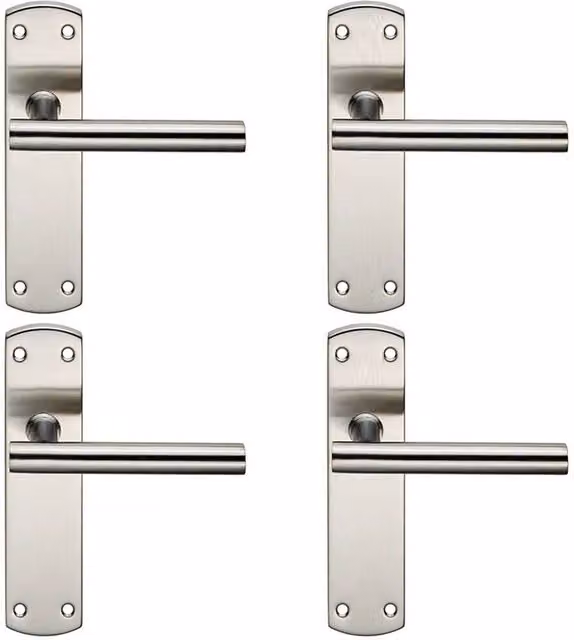 Loops 4x Mitred T Bar Lever Door Handles with Latch Backplate, Satin Brushed Stainless Steel, Silver, W: 17.2 cm, H: 4.4 cm
