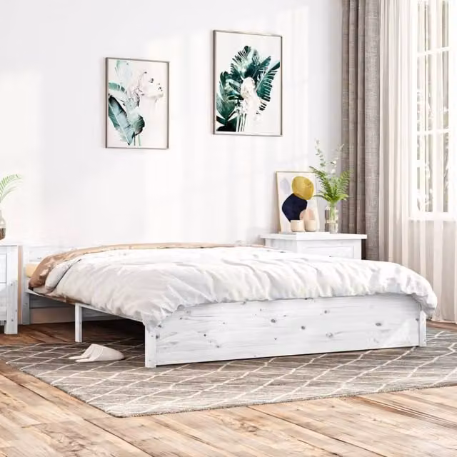 Berkfield Home White Solid Pine Wood Bed Frame W: 140 cm, D: 190 cm
