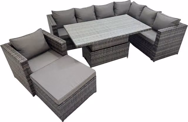 Fimous 8-Seater PE Rattan L-Shape Corner Sofa Set with Height-Adjustable Table in Dark Grey Mixed