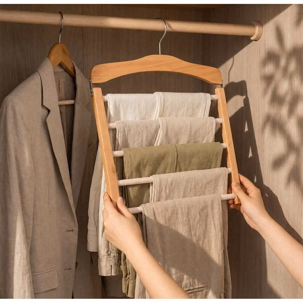 VOGREX 2 Pack Space Saving Wooden Trouser, Jeans and Scarf Organiser Hangers in Beige – 2