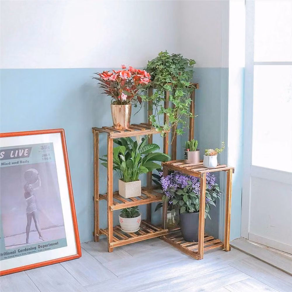 NESTLUNE Modern Brown Wood Corner Plant Stand and Flower Pot Shelf Rack W/D/H: 15 x 15 x 100 cm – 5