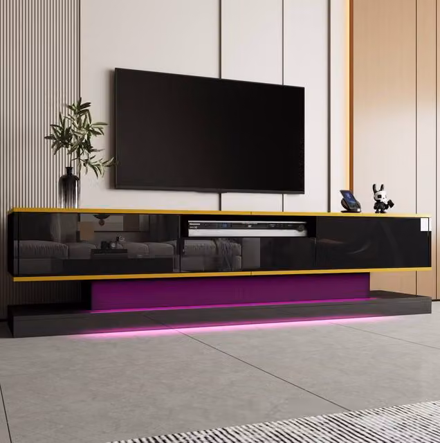 STILVORA Modern Glossy Black and Gold Wood TV Cabinet with Integrated Lighting, W: 180.0 cm, D: 38.0 cm, H: 45.0 cm – 1