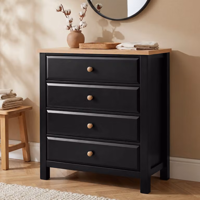 DHS Haven Black Painted 4 Drawer Chest of Drawers with Oak Top