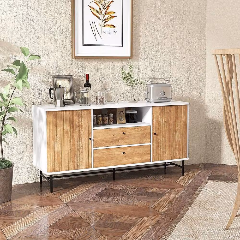 Havendro Wooden Sideboard Buffet Cabinet with Sliding Tambour Doors in Light Oak – 3