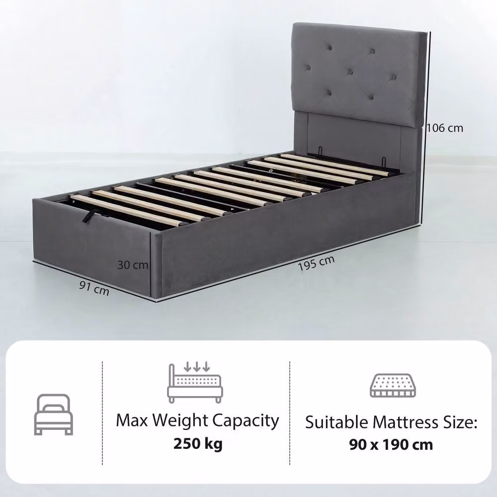 STILVORA Single Bed Frame with Gas Lift Storage and Tufted Headboard in Grey – 2