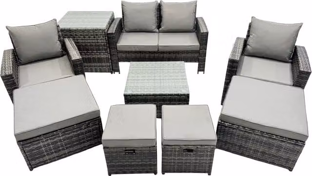 Fimous 8-Seater PE Rattan Garden Furniture Set in Grey with Coffee Table, Side Tables, Ottoman and U-Shape Sofa with Weather-Resistant Cushions