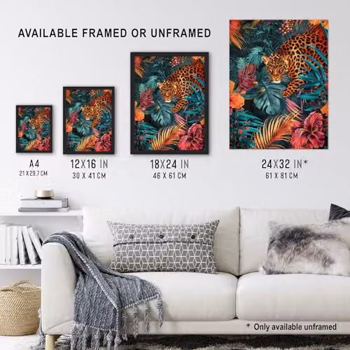 Artery8 Fierce Leopard Exotic Floral Jungle Plants Large Wall Art Poster Print, Multicolour, W: 45.7 cm x H: 61.0 cm – 3
