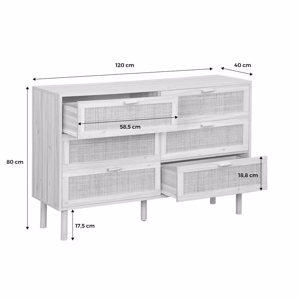 Sweek 6-Drawer Boho Chest with Cane and Wood Effect in Brown and Beige, W/D/H: 120 x 40 x 80 cm – 2