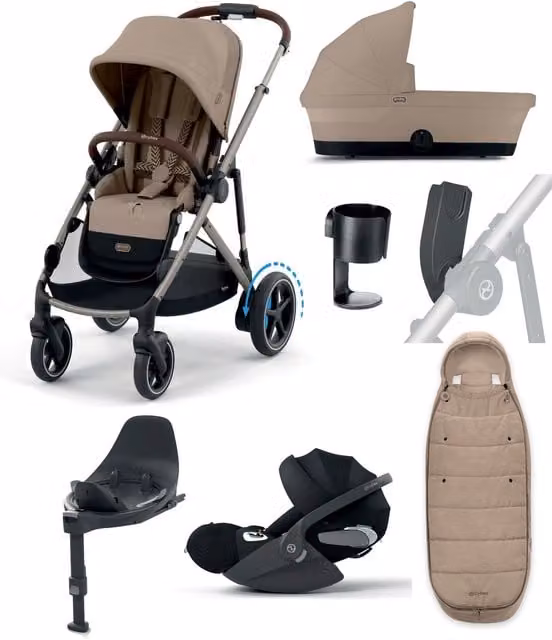 Cybex e-Gazelle S Electric Single to Double Pushchair Bundle with Cybex Cloud T i-Size Rotating Car Seat, 7 Pieces, Almond Beige