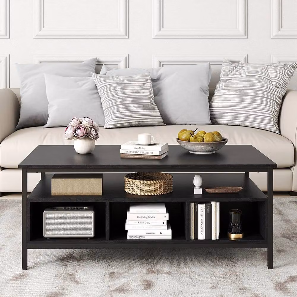 VOGREX Black Industrial Rectangular 3-Tier Coffee Table with Wood and Metal Finish – 4