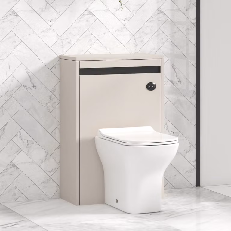 Royal Bathrooms Orion 540mm Warm Taupe Wall Mounted WC Unit with Qubix Rimless Ceramic Toilet Pan, Slim Soft Close Seat and Cistern with Black Accent Trim