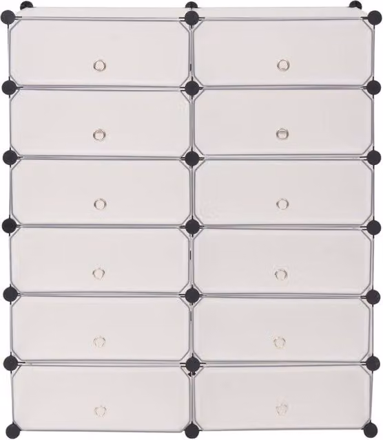 Berkfield Home Interlocking Shoe Organiser with 12 Compartments, White and Transparent, W/D/H: 105 x 92 x 37 cm