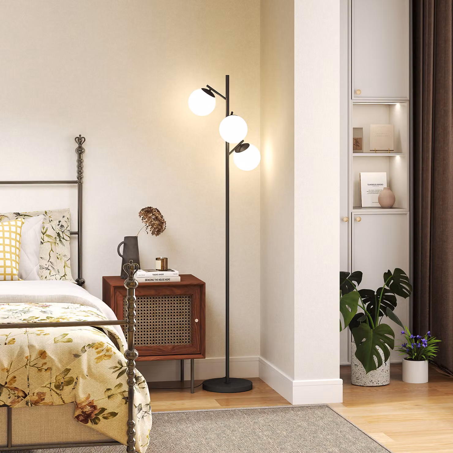 HOMCOM Modern 3-Light Tree Floor Lamp with Black Metal Base and White Glass Globe Shades – 5