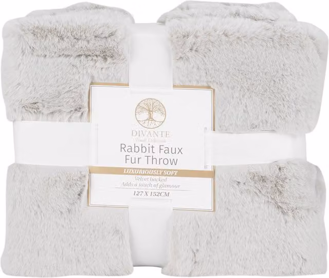 Divante Silver Rabbit Faux Fur Throw, 127 x 127 cm