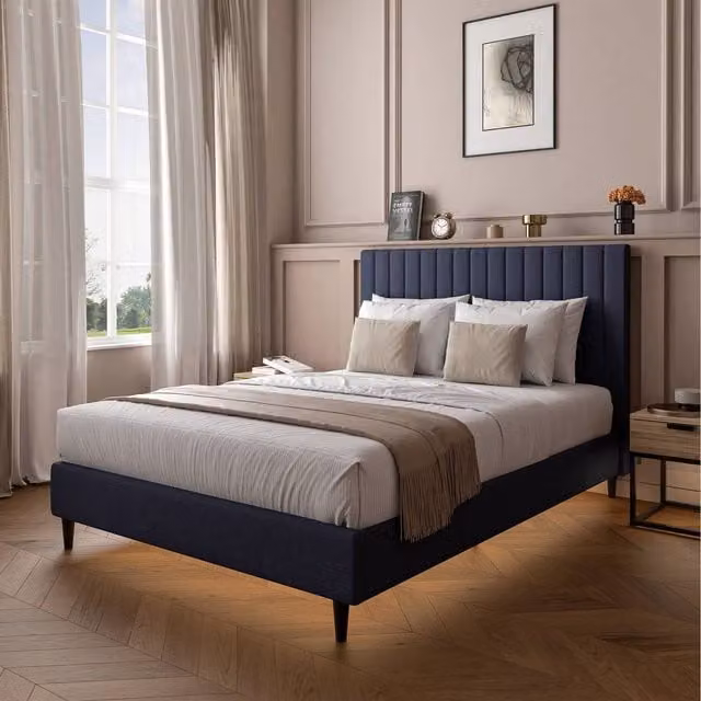 XR Living Maisie Upholstered Bed Frame with LED Lighting, Blue, 180 x 200 cm