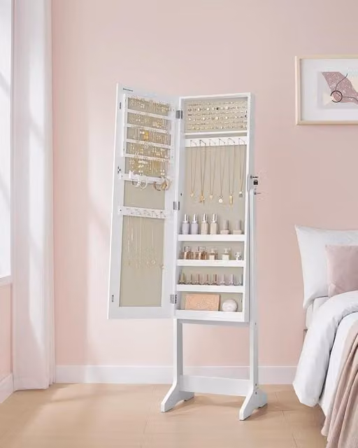 SONGMICS Lockable Standing Mirror Jewellery Cabinet Armoire in Beige