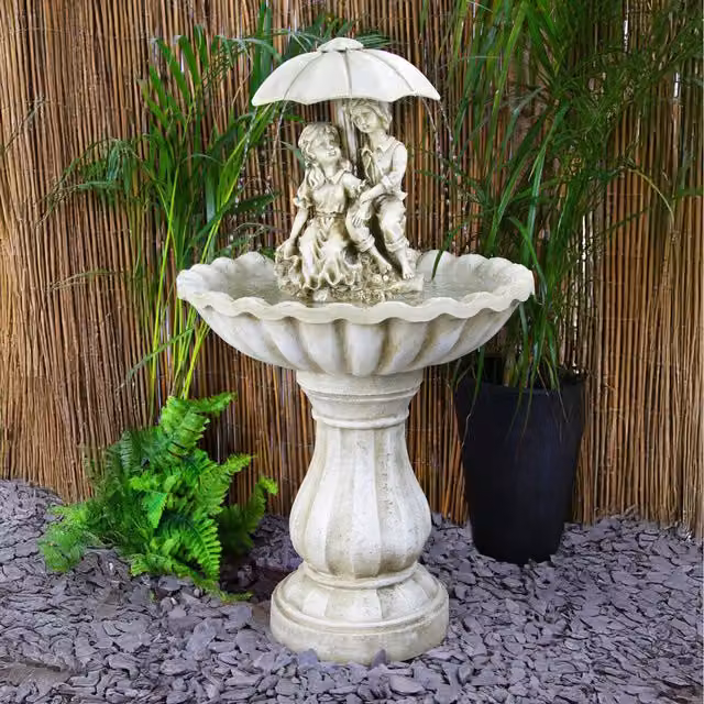 Primrose Rainy Days Bird Bath Fountain with Lights in Yellow and Beige