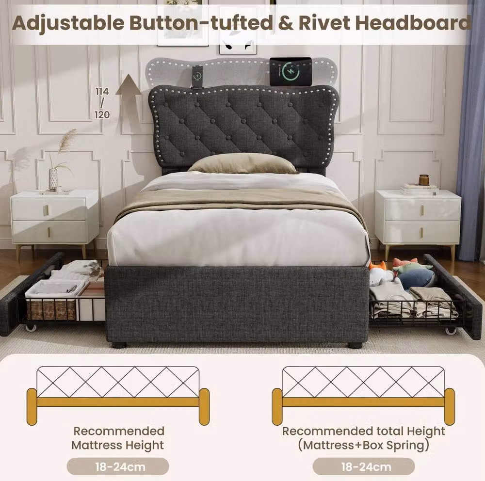 STILVORA Single Bed Frame with Storage Drawers and USB Charging Port in Grey, W/D/H: 90 x 190 cm – 5