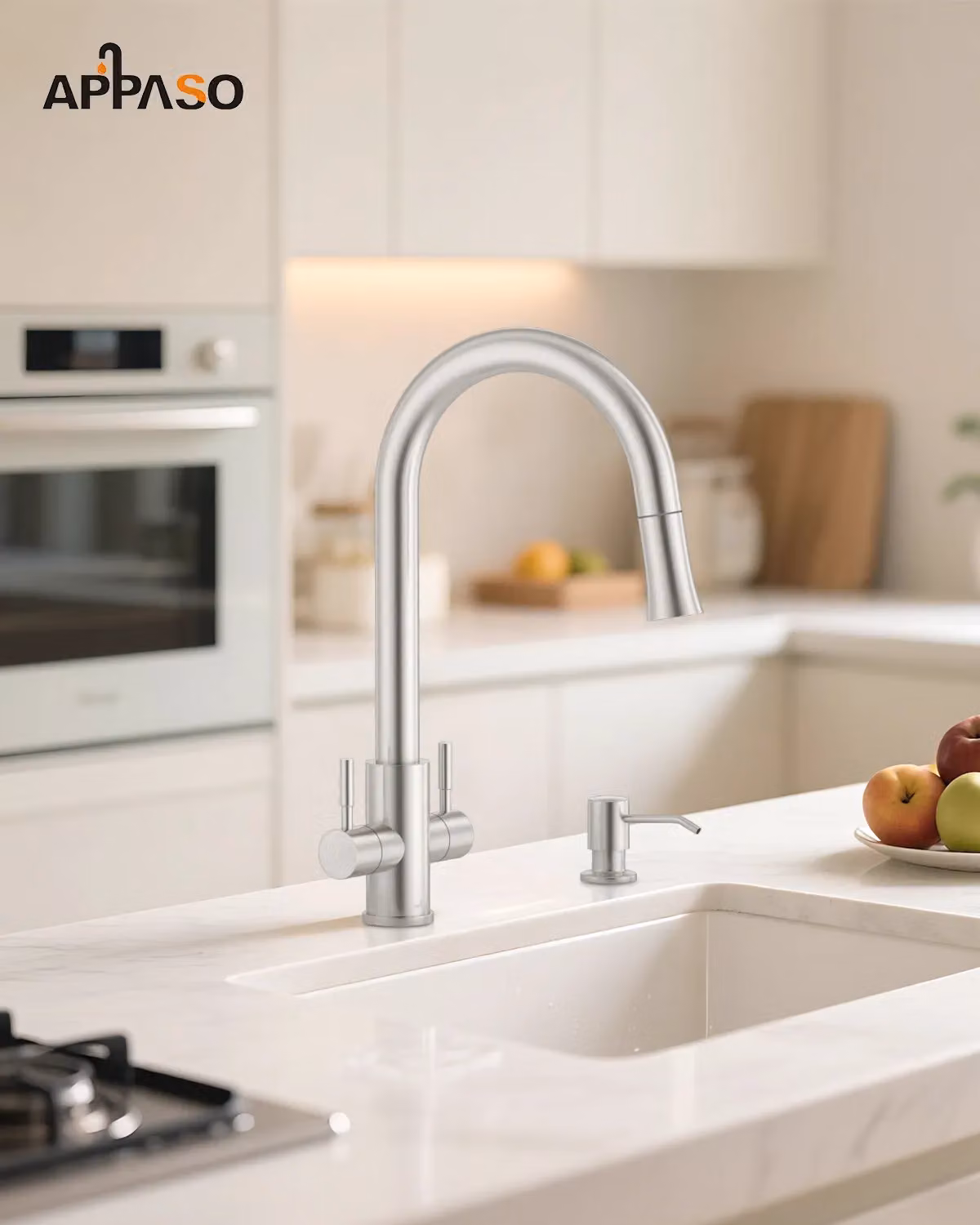 Appaso Dual Lever Monobloc Kitchen Sink Mixer Tap with Pull Out Spout in Brushed Silver Stainless Steel – 2