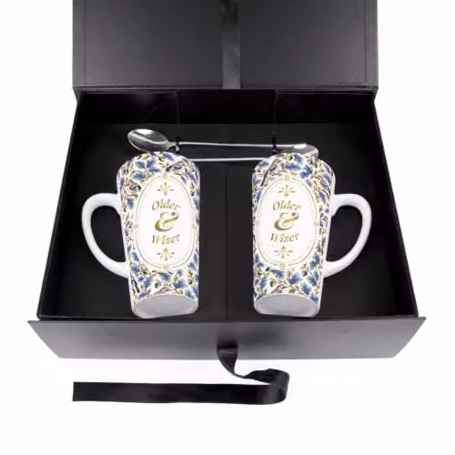Purely Home Older & Wiser Ornate Tall Latte Mugs and Spoons Gift Set in Blue and Gold with Floral Design – 3