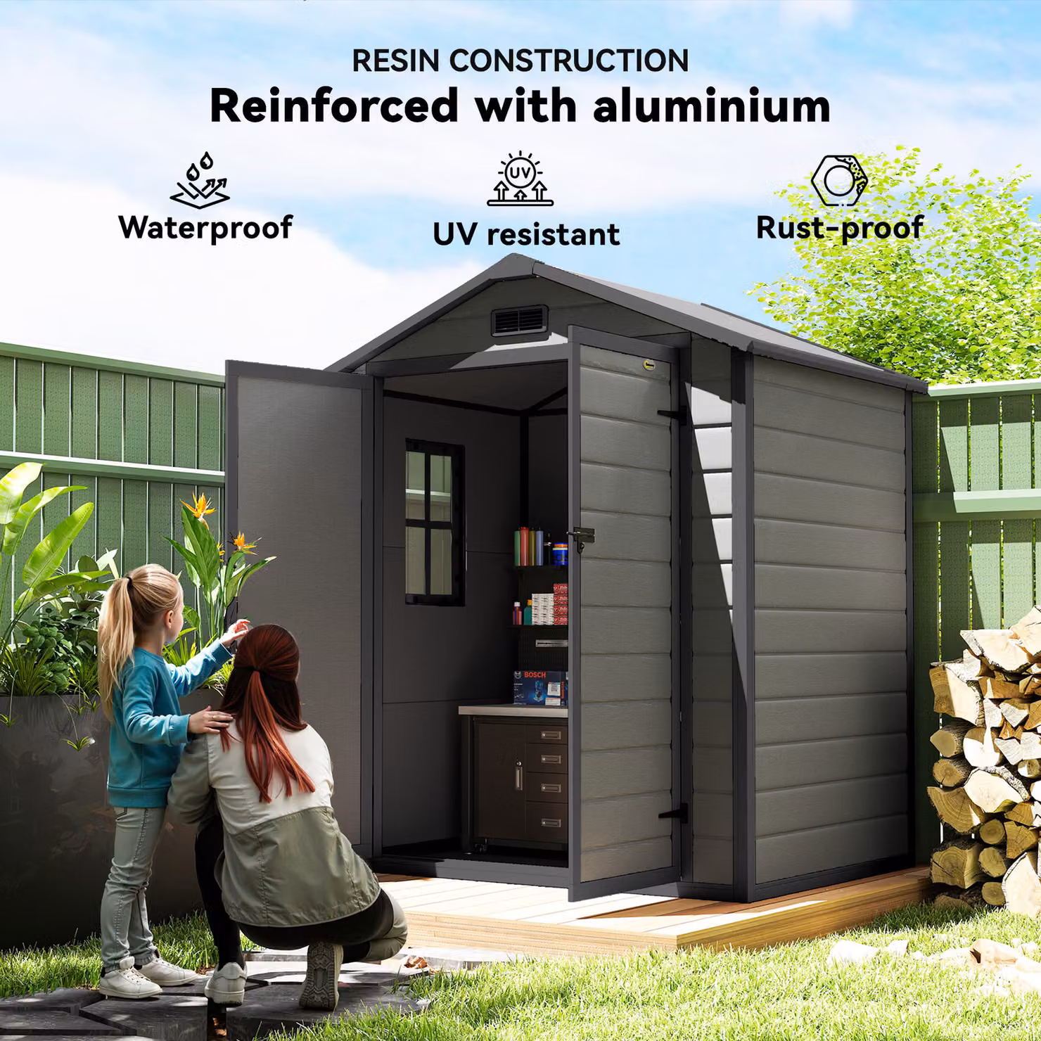 Outsunny Lockable Pent Garden Storage Shed with Double Doors, Window and Vent, Dark Grey, W: 182.88 cm, D: 134.0 cm, H: 182.88 cm – 4