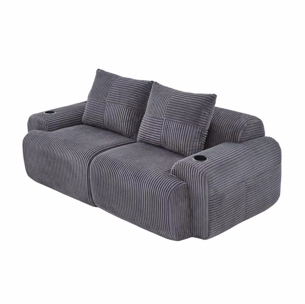 STILVORA 2-Seater Corduroy Sofa with Cup Holder and Storage Pocket in Grey – 3