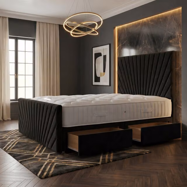 Somnior Beds Ltd Sunrise Black Velvet Divan Bed with Mattress and Drawers, W/D/H: 120 x 200 cm