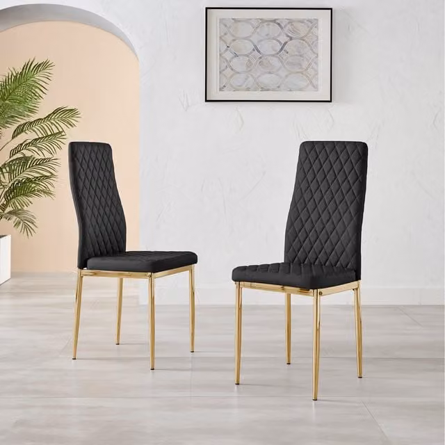 FurnitureboxUK Set of 4 Milan Gold Leg Hatched Upholstered Faux Leather Kitchen Dining Chairs in Black