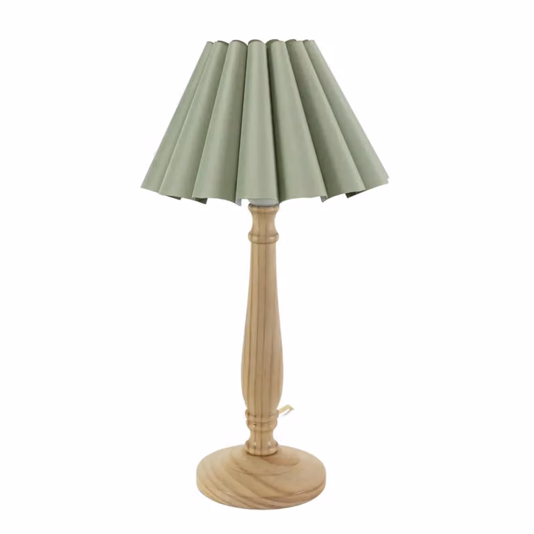 ValueLights Victoria Wood Candlestick Table Lamp with Green and White Scallop Tapered Fabric Shade and LED Bulb