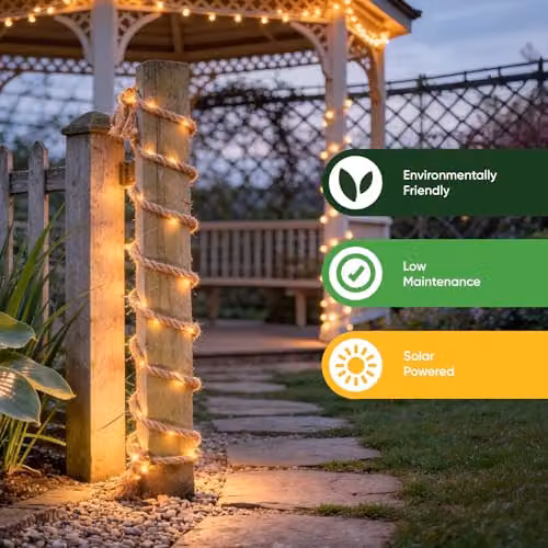 Gardenwize 4m Solar Powered Decorative Hemp Rope String Lights with 45 Warm White LEDs in Beige – 6