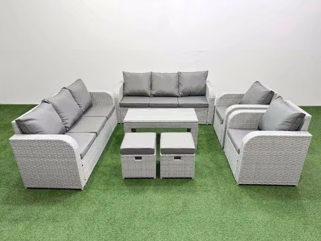 Fimous PE Rattan High Back Lounge Sofa Set in Light Grey with 3 Seater Sofa, Reclining Chair, Stools and Oblong Coffee Table