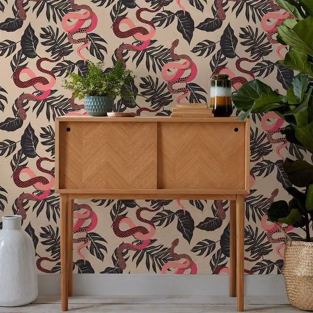 Tropical Snake Printed Wallpaper in Ruby Pink