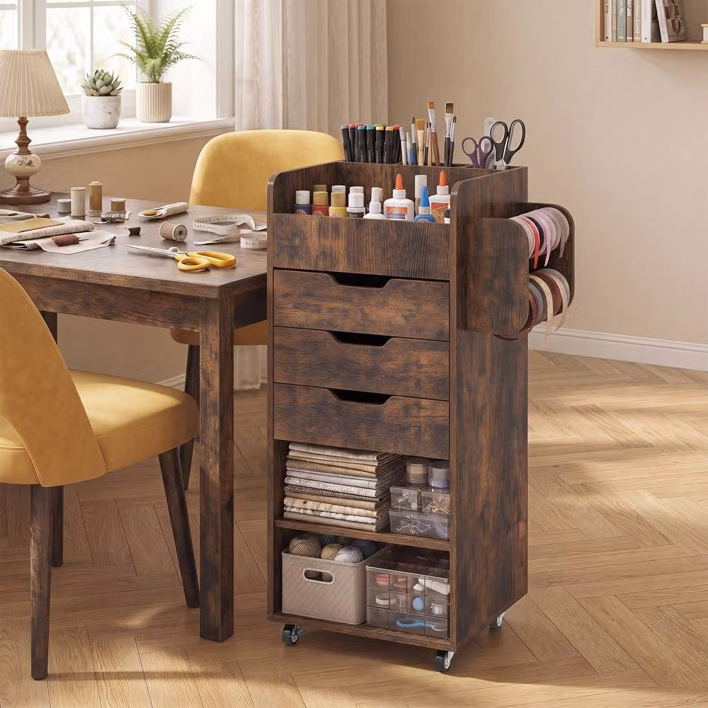 Costway Rolling Storage Cart Mobile Cabinet with 3 Drawers in Brown – 3