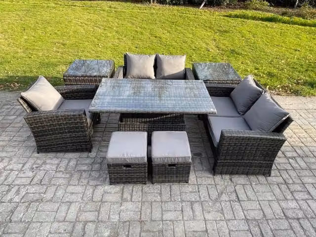 Fimous 7 Seater Grey Rattan Outdoor Patio Furniture Set with Height Adjustable Rising Table, 2 Side Tables and 2 Footstools