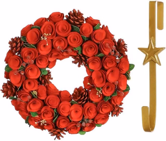 Dibor Red Crimson Rose Christmas Wreath with Star Hanger, Diameter: 35 cm – 1