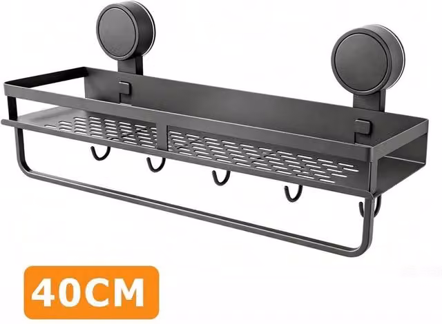 PAWNORA Black Rustproof Suction Cup Bathroom Shelf with 40cm Rod – 1