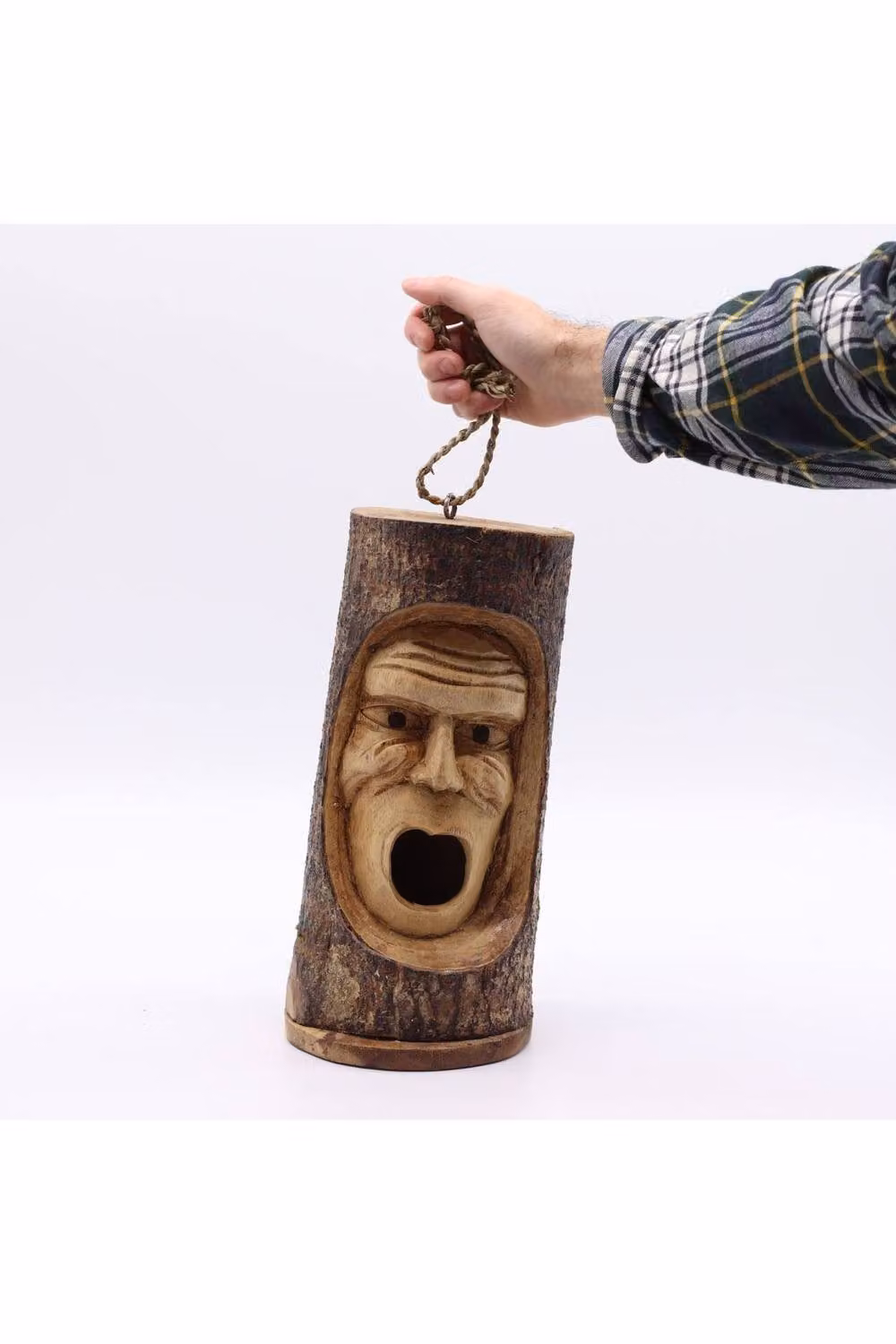 KDMD Hand-Carved Rustic Tree Trunk Bird House with Grumpy Old Man Face in Brown – 2