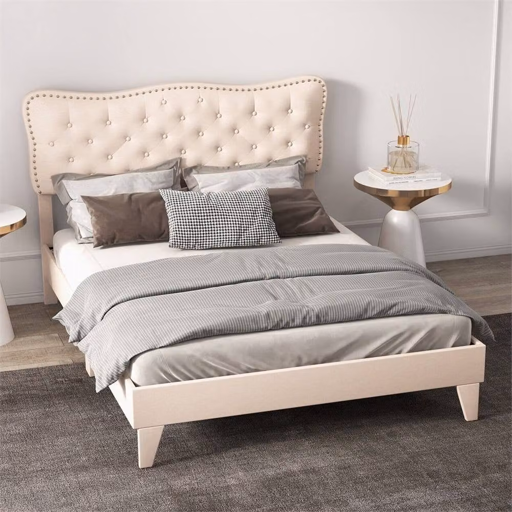 NESTLUNE King Size Upholstered Platform Bed Frame in Beige with Wooden Slats, W/D/H: 180 x 200 cm – 2