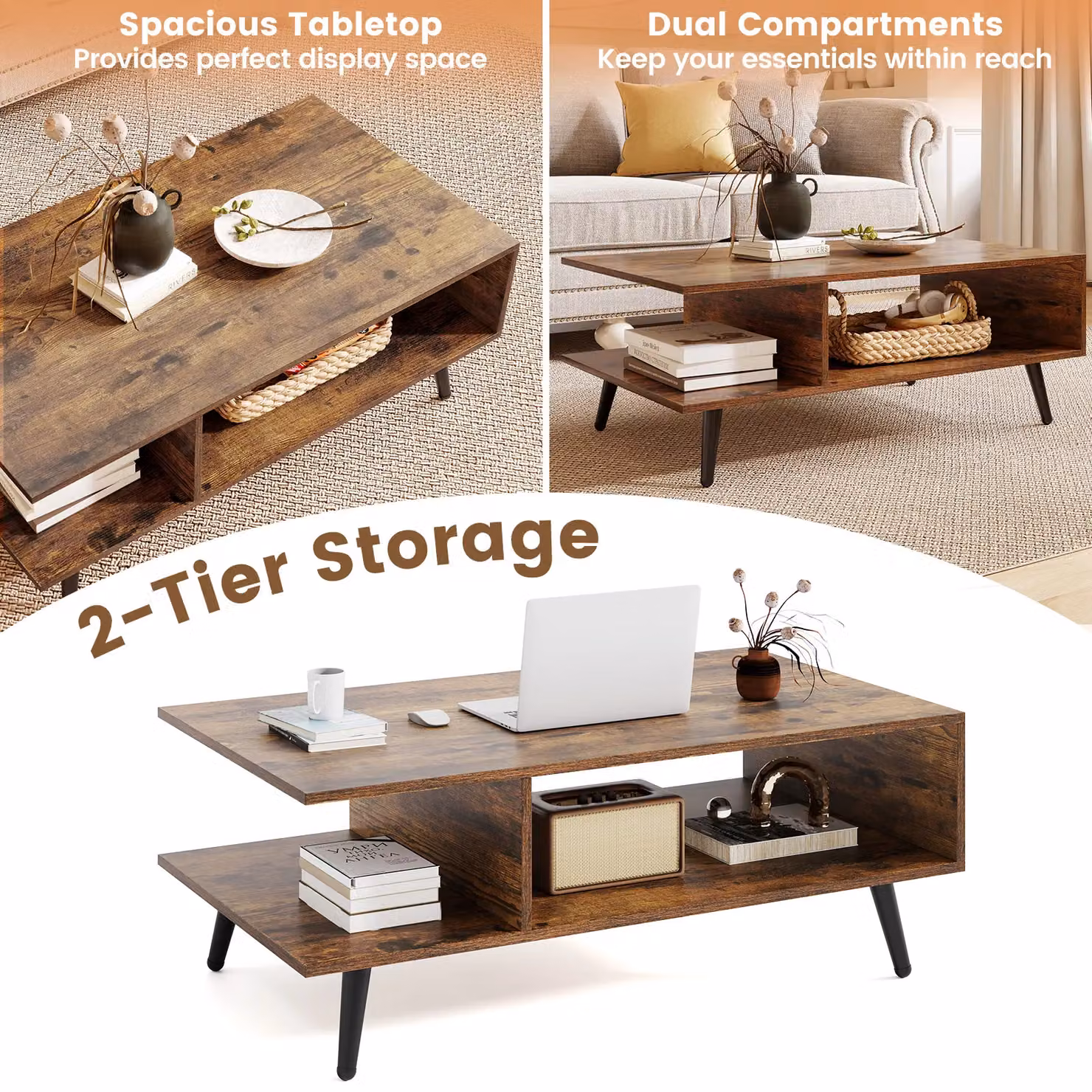 Gymax Mid Century Modern 2-Tier Rectangular Coffee Table with Metal Legs in Brown – 4