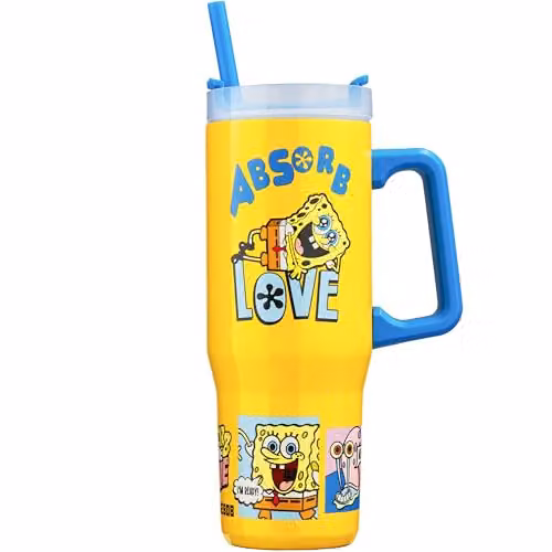 Get Trend SpongeBob SquarePants Insulated Stainless Steel Tumbler with Straw and Handle, Yellow, 920ml – 1