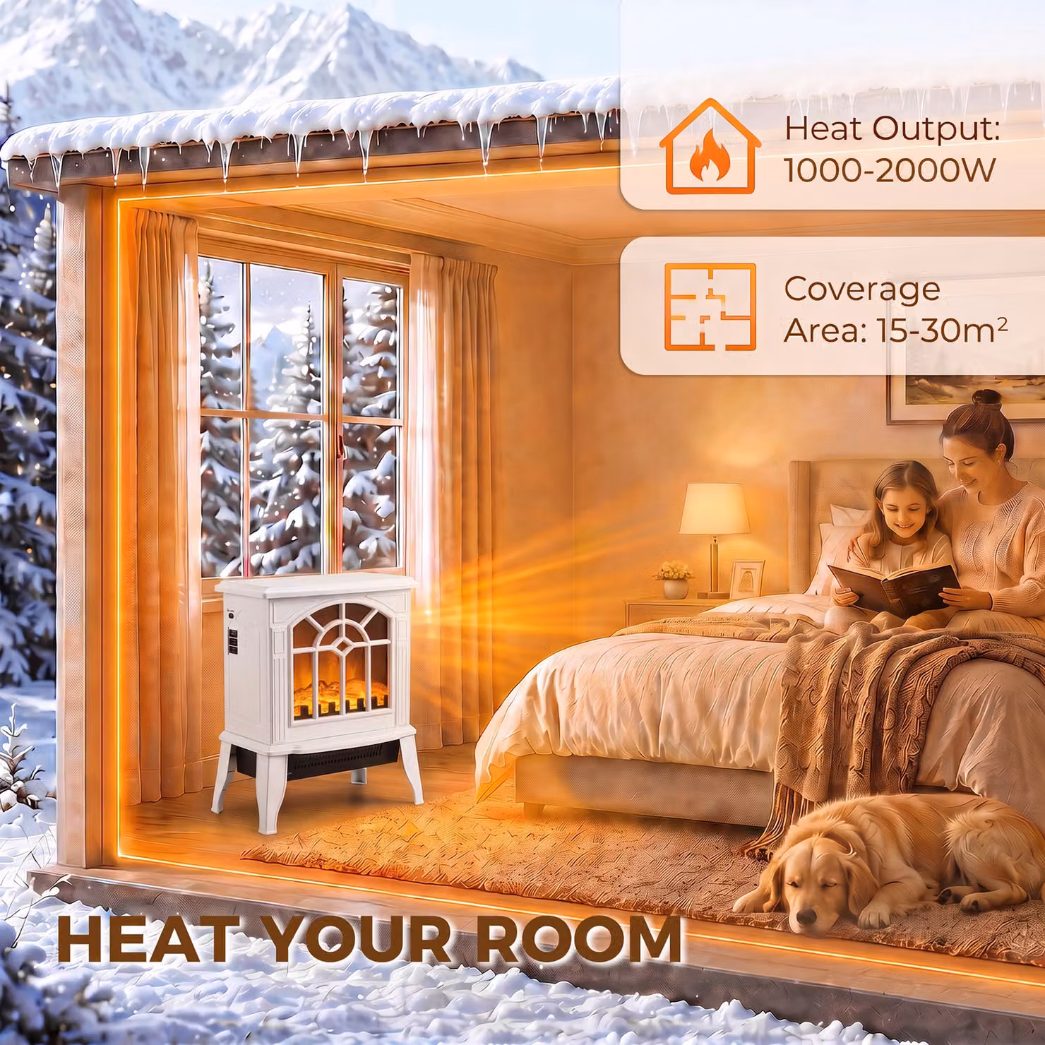 HOMCOM Freestanding Electric Fireplace with LED Flame Effect in White, W/D/H: 100 x 46 x 46 cm – 5