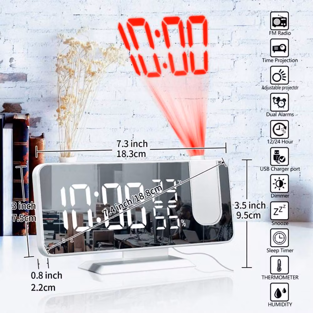 YnysTec LED Digital Projection Alarm Clock with FM Radio and Snooze Function, White – 2