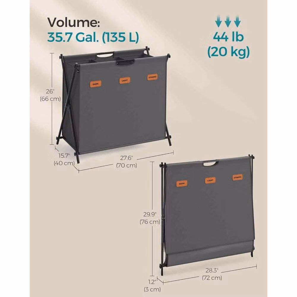 The Bazaarist 3 Compartment Foldable X Frame Laundry Sorter in Dark Grey – 3