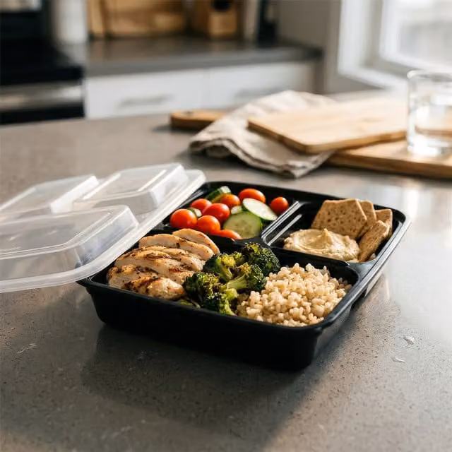 Harbour Housewares Reusable Plastic Meal Prep Containers with Snap Lids, Black, 0.975 l, Pack of 120