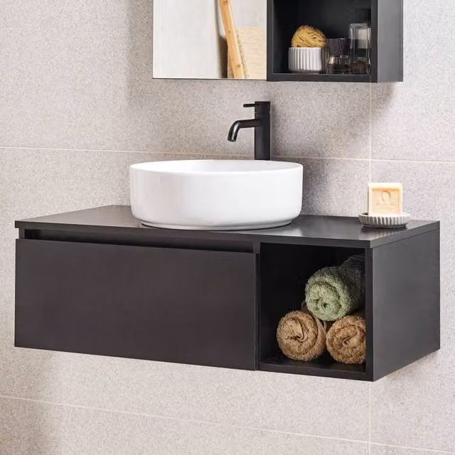 Wyld and Coco Black Wall-Mounted Bathroom Cabinet with Fluted Front and Internal Shelves W/D/H: 80 x 40 x 27 cm